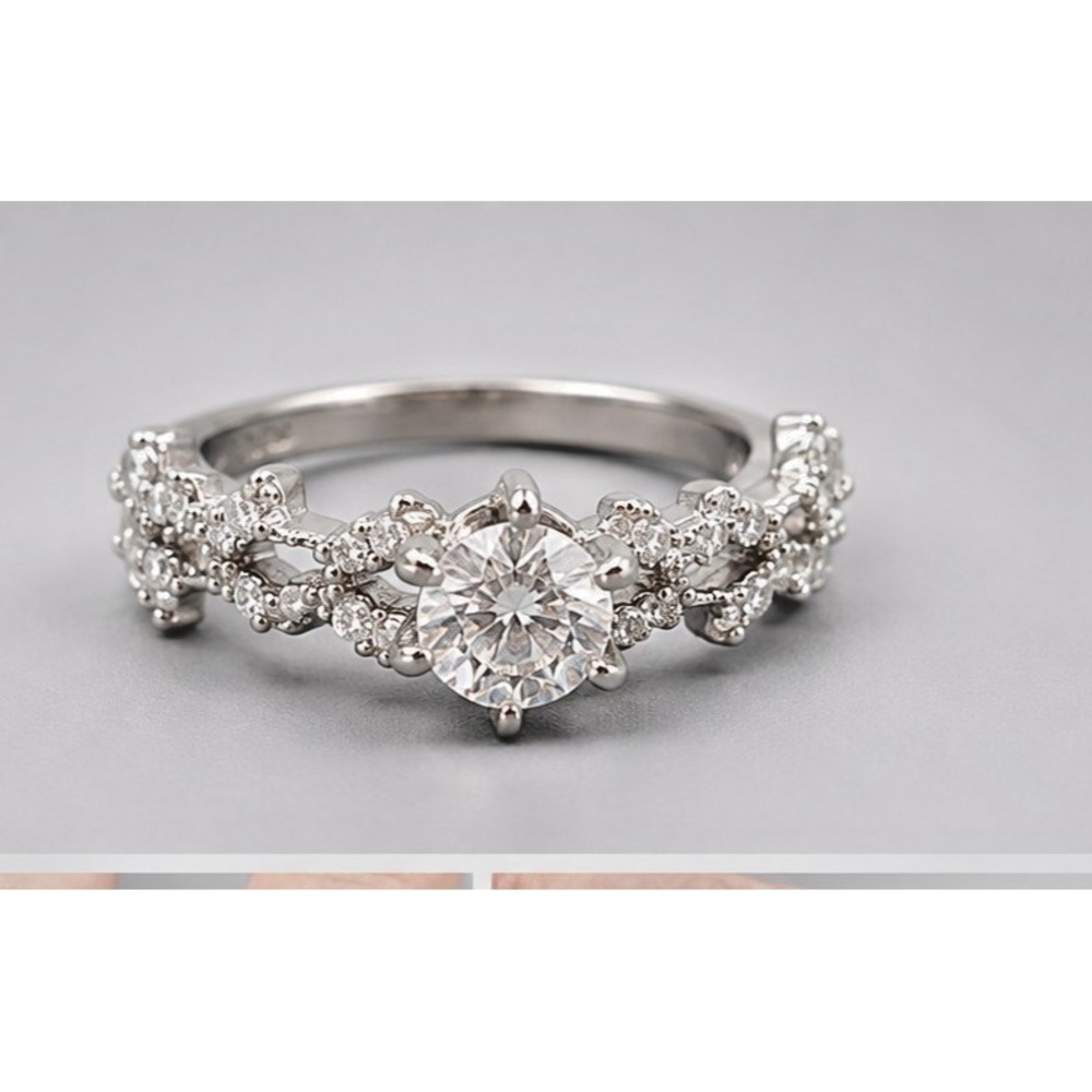 Vintage Silver Solitaire Glass Rhinestone Leaf Engagement Ring 6.5 R-TN58
